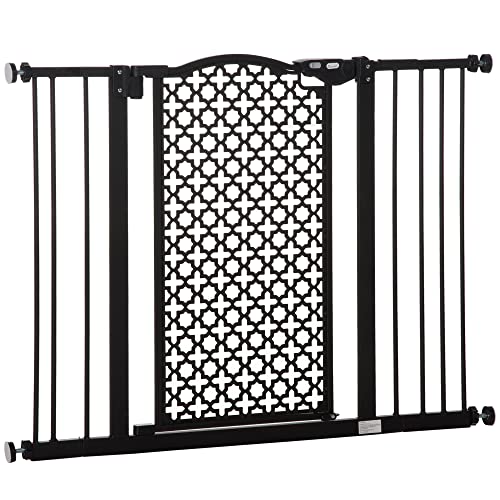 PawHut Barrera de Seguridad de Perros Mascotas para Puertas Escaleras Pasillos 74-105 cm con 2 Extensiones de 10/15 cm con Puerta y Cierre Automático Acero Negro