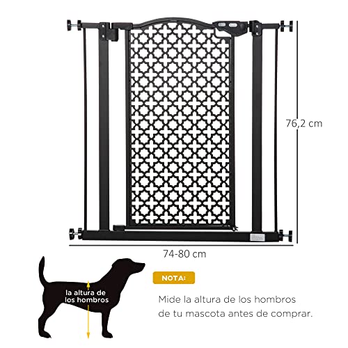 PawHut Barrera de Seguridad de Perros Mascotas para Puertas Escaleras Pasillos 74-80 cm con Puerta y Cierre Automático Acero Negro