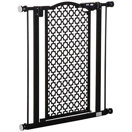 PawHut Barrera de Seguridad de Perros Mascotas para Puertas Escaleras Pasillos 74-80 cm con Puerta y Cierre Automático Acero Negro