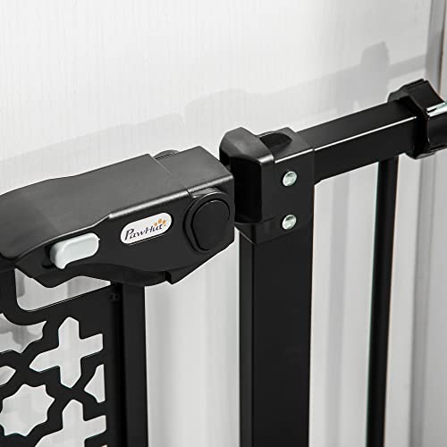 PawHut Barrera de Seguridad de Perros Mascotas para Puertas Escaleras Pasillos 74-80 cm con Puerta y Cierre Automático Acero Negro