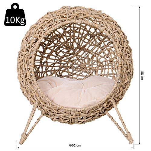 Pawhut Cama Cueva de Ratán para Gatos o Mascotas Pequeña con Base Trípode Cojín de Felpa y Algodón Suave Diseño Elevado Estable Φ52x58 cm Madera Natural