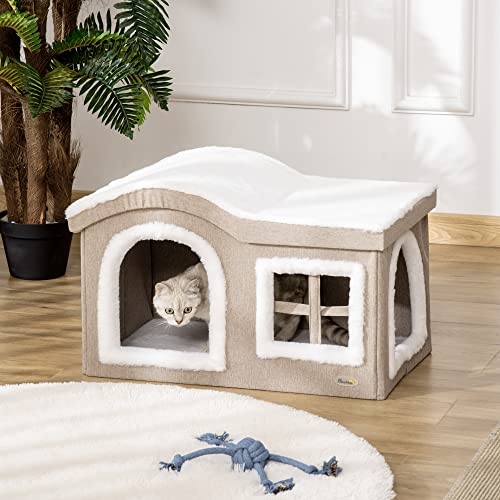 PawHut Casa Plegable para Gatos Interior Cueva para Gatos Grande con Tapa Extraíble Cojines 2 Entradas y Ventana Taburete para Gatos 63,5x37x40 cm Beige