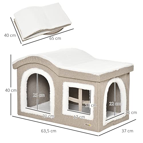 PawHut Casa Plegable para Gatos Interior Cueva para Gatos Grande con Tapa Extraíble Cojines 2 Entradas y Ventana Taburete para Gatos 63,5x37x40 cm Beige