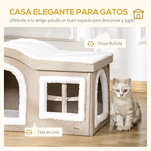 PawHut Casa Plegable para Gatos Interior Cueva para Gatos Grande con Tapa Extraíble Cojines 2 Entradas y Ventana Taburete para Gatos 63,5x37x40 cm Beige