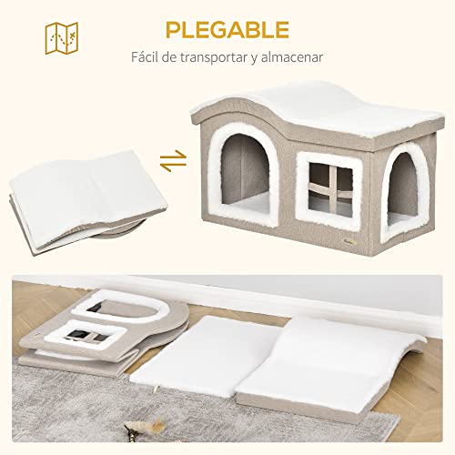 PawHut Casa Plegable para Gatos Interior Cueva para Gatos Grande con Tapa Extraíble Cojines 2 Entradas y Ventana Taburete para Gatos 63,5x37x40 cm Beige