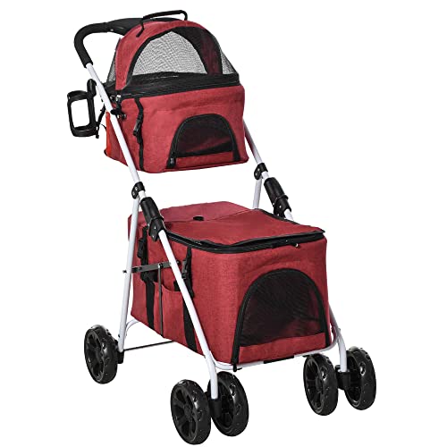 Pawhut Cochecito para Mascotas Plegable con Solo un Clic Carrito para Perros Desmontable con 2 Niveles Ruedas Giratorias Frenos Ventana y Bolsillos 82 x 48 x 92 cm Rojo