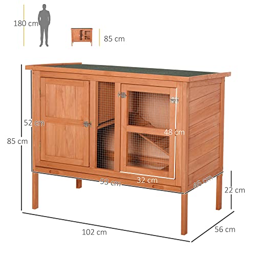 Pawhut Conejera de Exterior Jaula de Mascotas Pequeñas de Madera 2 Pisos para Conejos Cobayas Hámster con Techo Asfáltico Bandeja Extraíble Rampa 102x56x85 cm Madera Natural