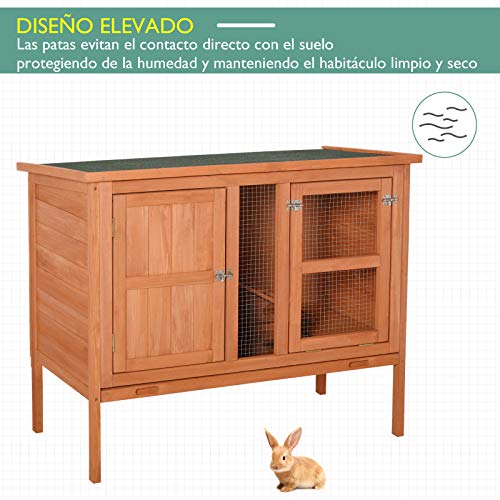 Pawhut Conejera de Exterior Jaula de Mascotas Pequeñas de Madera 2 Pisos para Conejos Cobayas Hámster con Techo Asfáltico Bandeja Extraíble Rampa 102x56x85 cm Madera Natural