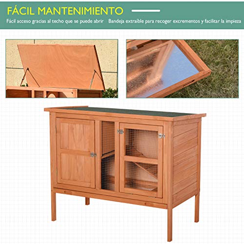 Pawhut Conejera de Exterior Jaula de Mascotas Pequeñas de Madera 2 Pisos para Conejos Cobayas Hámster con Techo Asfáltico Bandeja Extraíble Rampa 102x56x85 cm Madera Natural