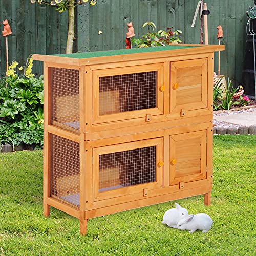 Pawhut Conejera de Madera Exterior de 2 Niveles Jaula para 1-2 Conejos Mascotas Pequeñas con Techo Asfáltico Abrible y 2 Bandejas Extraíbles 90x45x90 cm Madera Natural