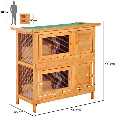 Pawhut Conejera de Madera Exterior de 2 Niveles Jaula para 1-2 Conejos Mascotas Pequeñas con Techo Asfáltico Abrible y 2 Bandejas Extraíbles 90x45x90 cm Madera Natural