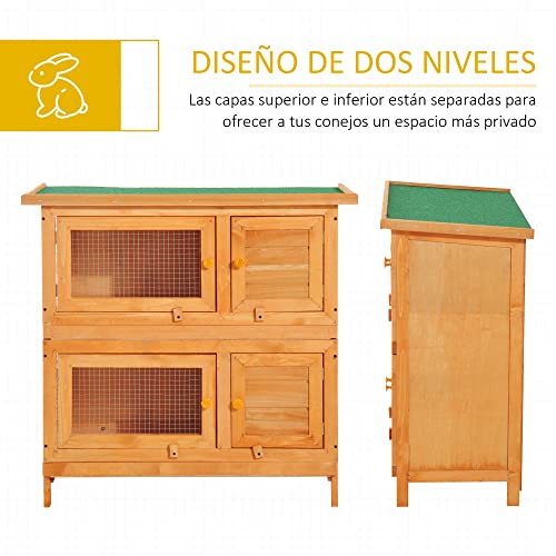 Pawhut Conejera de Madera Exterior de 2 Niveles Jaula para 1-2 Conejos Mascotas Pequeñas con Techo Asfáltico Abrible y 2 Bandejas Extraíbles 90x45x90 cm Madera Natural