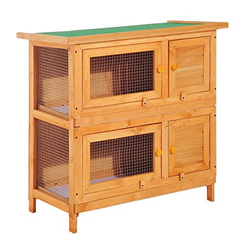 Pawhut Conejera de Madera Exterior de 2 Niveles Jaula para 1-2 Conejos Mascotas Pequeñas con Techo Asfáltico Abrible y 2 Bandejas Extraíbles 90x45x90 cm Madera Natural