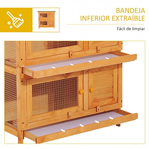 Pawhut Conejera de Madera Exterior de 2 Niveles Jaula para 1-2 Conejos Mascotas Pequeñas con Techo Asfáltico Abrible y 2 Bandejas Extraíbles 90x45x90 cm Madera Natural