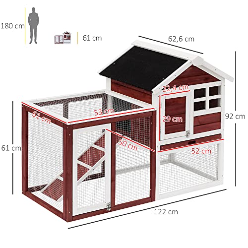 PawHut Conejera de Madera Exterior de 2 Niveles Jaula para Conejos Mascotas Pequeñas con Zona Abierta Techo Asfáltico Bandeja Extraíble y Rampa 122x62,6x92 cm Madera Rojiza