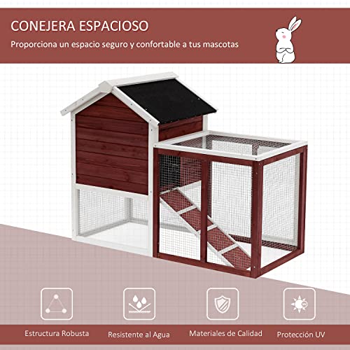 PawHut Conejera de Madera Exterior de 2 Niveles Jaula para Conejos Mascotas Pequeñas con Zona Abierta Techo Asfáltico Bandeja Extraíble y Rampa 122x62,6x92 cm Madera Rojiza