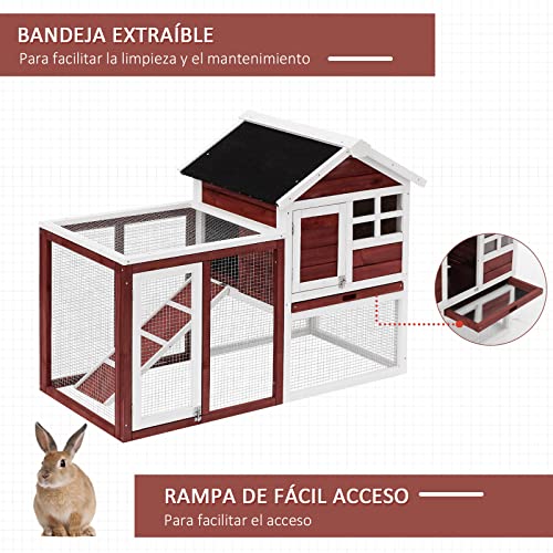 PawHut Conejera de Madera Exterior de 2 Niveles Jaula para Conejos Mascotas Pequeñas con Zona Abierta Techo Asfáltico Bandeja Extraíble y Rampa 122x62,6x92 cm Madera Rojiza