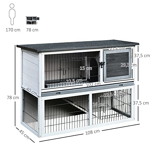 Pawhut Conejera de Madera Exterior Jaula para Conejos de 2 Pisos Rampa Bandeja Extraíble y 2 Puertas 108x45x78 cm Gris