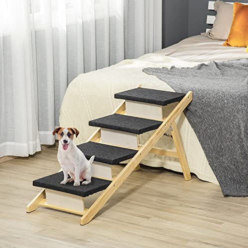 Pawhut Escalera de Madera para Perros Plegable 2 en 1 Rampa para Mascotas con 4 Escalones Antideslizantes para Acceso al Sofá y Cama Alta 122x44x62 cm Negro y Natural