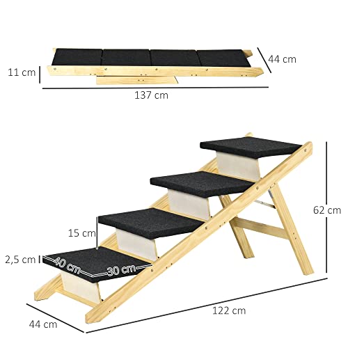 Pawhut Escalera de Madera para Perros Plegable 2 en 1 Rampa para Mascotas con 4 Escalones Antideslizantes para Acceso al Sofá y Cama Alta 122x44x62 cm Negro y Natural