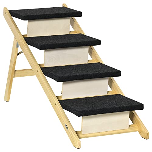 Pawhut Escalera de Madera para Perros Plegable 2 en 1 Rampa para Mascotas con 4 Escalones Antideslizantes para Acceso al Sofá y Cama Alta 122x44x62 cm Negro y Natural