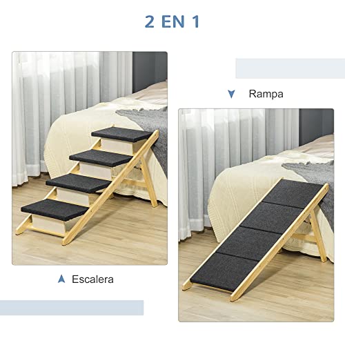 Pawhut Escalera de Madera para Perros Plegable 2 en 1 Rampa para Mascotas con 4 Escalones Antideslizantes para Acceso al Sofá y Cama Alta 122x44x62 cm Negro y Natural