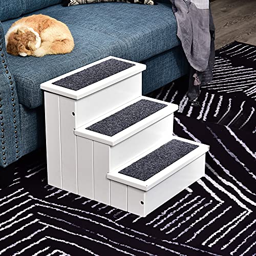 Pawhut Escalera para Mascotas 3 Peldaños con Espacio de Almacenaje y Alfombra Antideslizantes Portátil Madera para Vehículo Carga 30 kg 40,5x44,5x38 cm Blanco