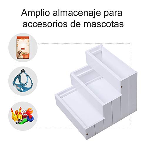 Pawhut Escalera para Mascotas 3 Peldaños con Espacio de Almacenaje y Alfombra Antideslizantes Portátil Madera para Vehículo Carga 30 kg 40,5x44,5x38 cm Blanco