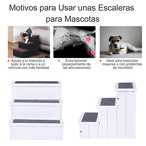 Pawhut Escalera para Mascotas 3 Peldaños con Espacio de Almacenaje y Alfombra Antideslizantes Portátil Madera para Vehículo Carga 30 kg 40,5x44,5x38 cm Blanco