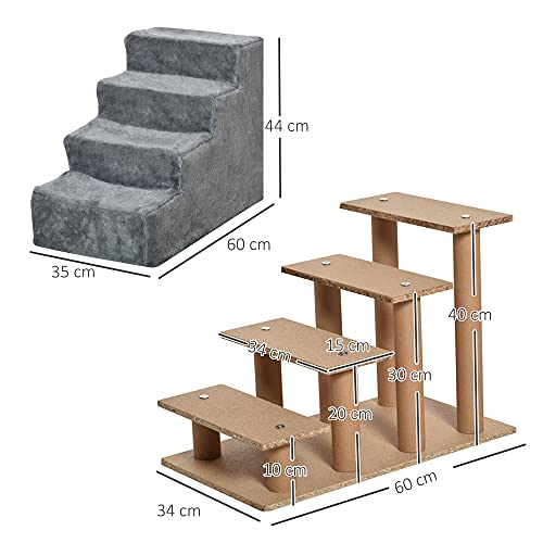 Pawhut Escalera para Mascotas de 4 Peldaños 2 en 1 con Funda Extraíble y Lavable Escalera Rascadora de Perros Gatos para Cama Sofá Carga 30 kg 60x35x44 cm Gris