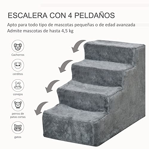 Pawhut Escalera para Mascotas de 4 Peldaños 2 en 1 con Funda Extraíble y Lavable Escalera Rascadora de Perros Gatos para Cama Sofá Carga 30 kg 60x35x44 cm Gris