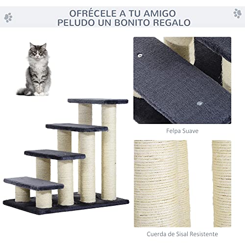 Pawhut Escalera para Mascotas Escalera para Gatos Perros Mayores Enfermos Pequeños Cubierta Suave de Peluche Rascador de Sisal Estable 4 Pasos 60x42x61 cm Gris