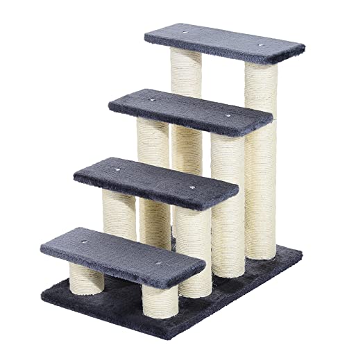 Pawhut Escalera para Mascotas Escalera para Gatos Perros Mayores Enfermos Pequeños Cubierta Suave de Peluche Rascador de Sisal Estable 4 Pasos 60x42x61 cm Gris