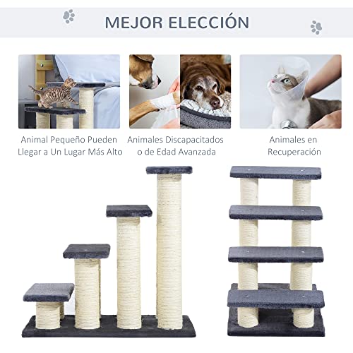 Pawhut Escalera para Mascotas Escalera para Gatos Perros Mayores Enfermos Pequeños Cubierta Suave de Peluche Rascador de Sisal Estable 4 Pasos 60x42x61 cm Gris