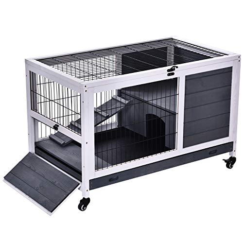 Pawhut Jaula para Conejos de Madera 90x53x59 cm Conejera para Mascotas Pequeñas Portátil Interior con Techo Abrible Rampa Bandeja Extraíble para Conejillos de Indias Gris y Blanco