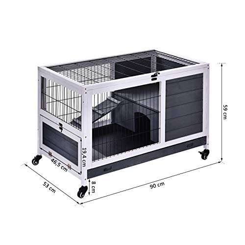 Pawhut Jaula para Conejos de Madera 90x53x59 cm Conejera para Mascotas Pequeñas Portátil Interior con Techo Abrible Rampa Bandeja Extraíble para Conejillos de Indias Gris y Blanco