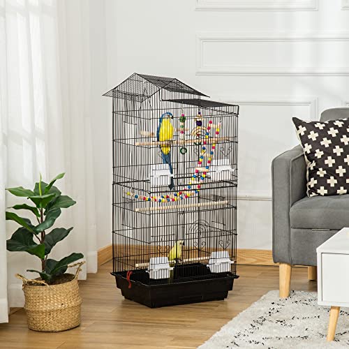 PawHut Jaula para Pájaros Pajarera de Metal con Múltiples Puertas 4 Comederos 3 Perchas Columpio Escaleras y Bandeja Extraíble para Loros Canarios Periquitos 46x36x100 cm Negro