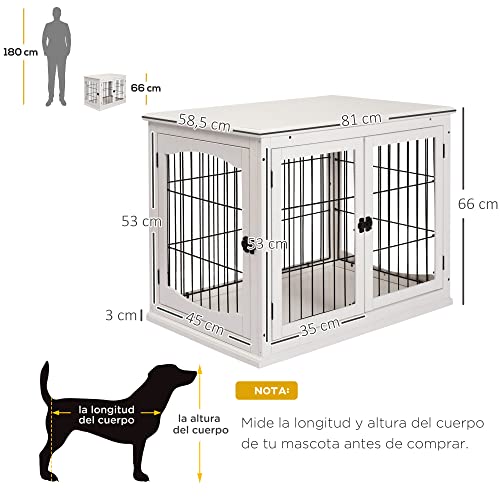 PawHut Jaula para Perros Grande de Madera con Superficie de Mesa 2 Puertas y Rejillas de Metal 58,5x81x66 cm Blanco