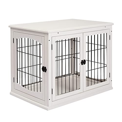 PawHut Jaula para Perros Grande de Madera con Superficie de Mesa 2 Puertas y Rejillas de Metal 58,5x81x66 cm Blanco