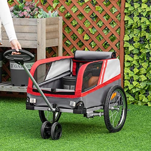 PawHut Remolque de Bicicleta para Perros 2 en 1 Carrito para Mascotas con Enganche Cubierta Enrollable Cinturón de Seguridad Bandera y Reflectores 130x64x92 cm Gris y Rojo