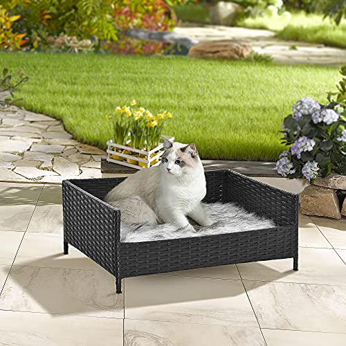 Pawhut Sofá Cama para Perros de Ratán Cama Elevada Rectangular para Mascotas Gatos con Cojín Suave y Lavable para Hogar Interior 61 x 46 x 24,5 cm Negro