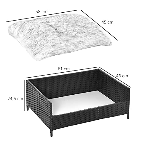 Pawhut Sofá Cama para Perros de Ratán Cama Elevada Rectangular para Mascotas Gatos con Cojín Suave y Lavable para Hogar Interior 61 x 46 x 24,5 cm Negro