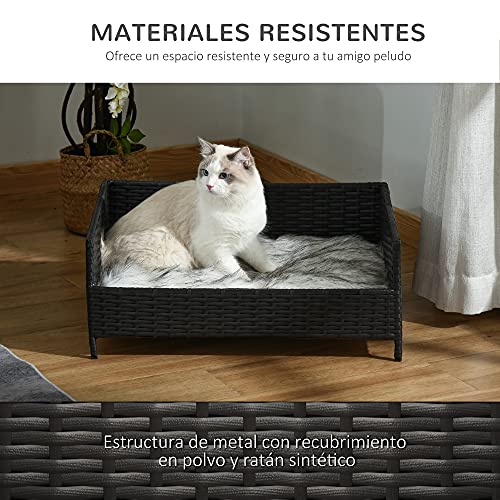 Pawhut Sofá Cama para Perros de Ratán Cama Elevada Rectangular para Mascotas Gatos con Cojín Suave y Lavable para Hogar Interior 61 x 46 x 24,5 cm Negro