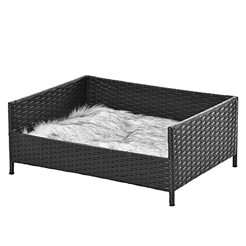 Pawhut Sofá Cama para Perros de Ratán Cama Elevada Rectangular para Mascotas Gatos con Cojín Suave y Lavable para Hogar Interior 61 x 46 x 24,5 cm Negro