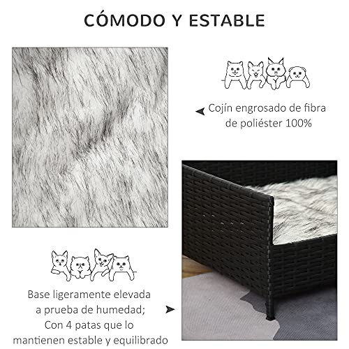 Pawhut Sofá Cama para Perros de Ratán Cama Elevada Rectangular para Mascotas Gatos con Cojín Suave y Lavable para Hogar Interior 61 x 46 x 24,5 cm Negro