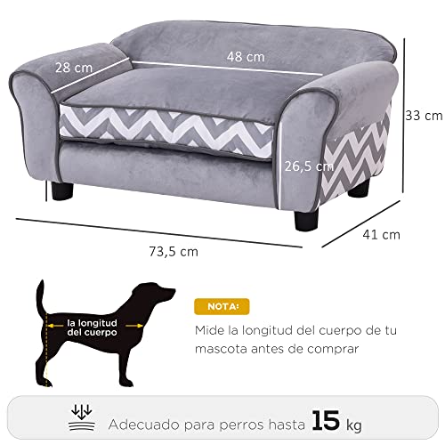 PawHut Sofá para Mascotas con Patas Cama para Perros de Madera con Cojín Acolchado Acogedora Funda Lavable 73,5x41x33 cm Gris