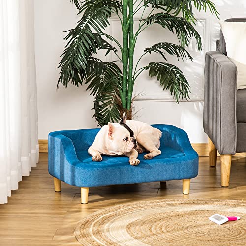 PawHut Sofá para Mascotas Tapizado en Terciopelo Sofá Cama para Perros Gatos Medianos Pequeños Acolchado Grueso con Cojín Extraíble Lavable y Patas de Madera 70x40x31 cm Azul