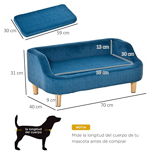 PawHut Sofá para Mascotas Tapizado en Terciopelo Sofá Cama para Perros Gatos Medianos Pequeños Acolchado Grueso con Cojín Extraíble Lavable y Patas de Madera 70x40x31 cm Azul