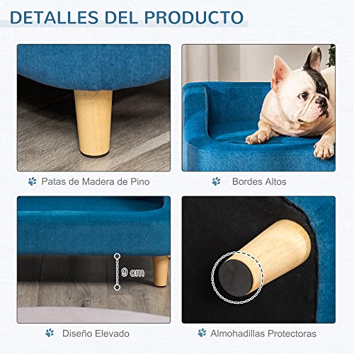 PawHut Sofá para Mascotas Tapizado en Terciopelo Sofá Cama para Perros Gatos Medianos Pequeños Acolchado Grueso con Cojín Extraíble Lavable y Patas de Madera 70x40x31 cm Azul