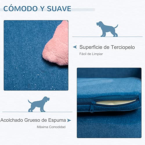 PawHut Sofá para Mascotas Tapizado en Terciopelo Sofá Cama para Perros Gatos Medianos Pequeños Acolchado Grueso con Cojín Extraíble Lavable y Patas de Madera 70x40x31 cm Azul